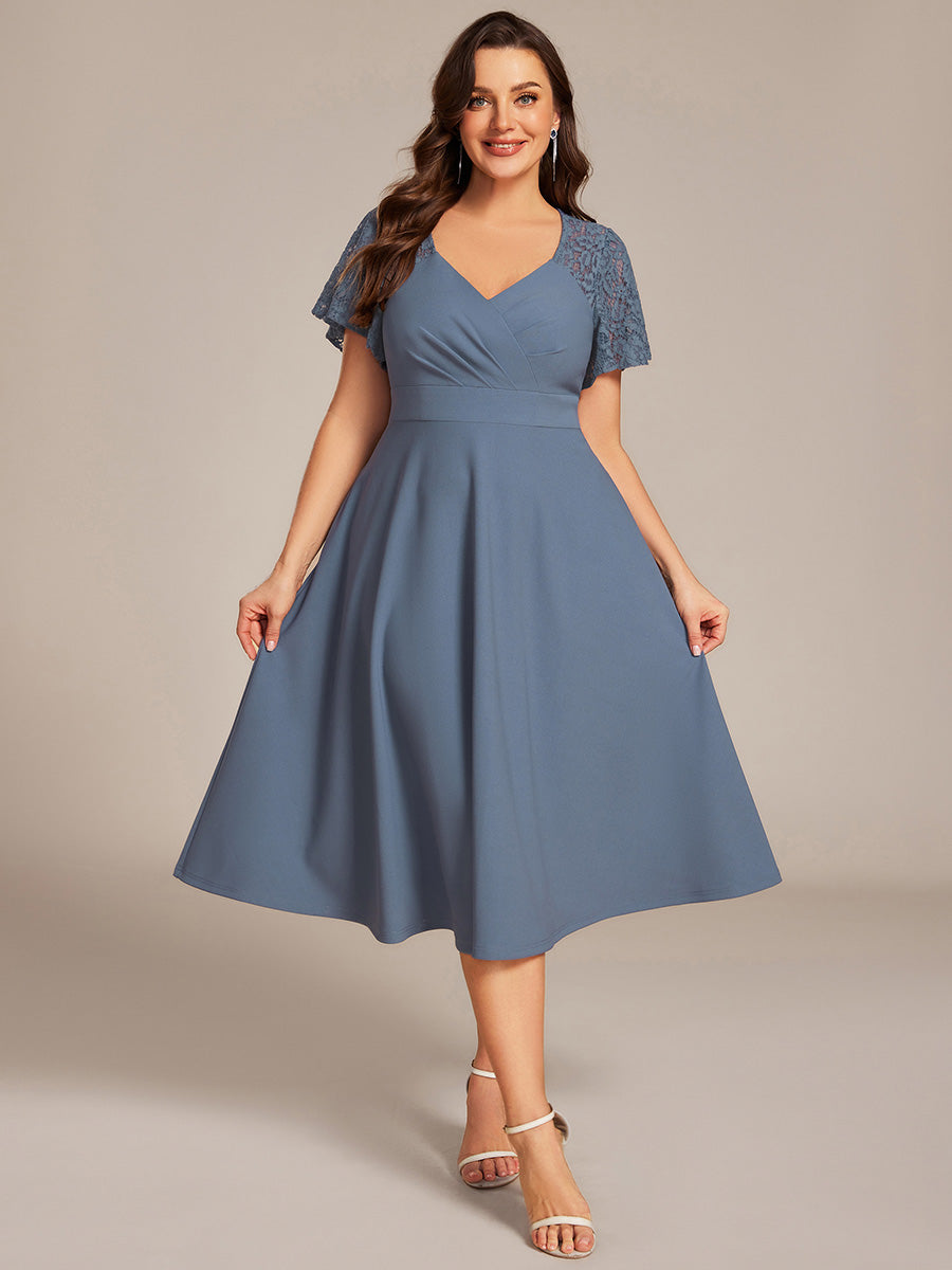 Plus Size A-Line Pleated Midi Wedding Guest Dress with Pockets #color_Denim Blue