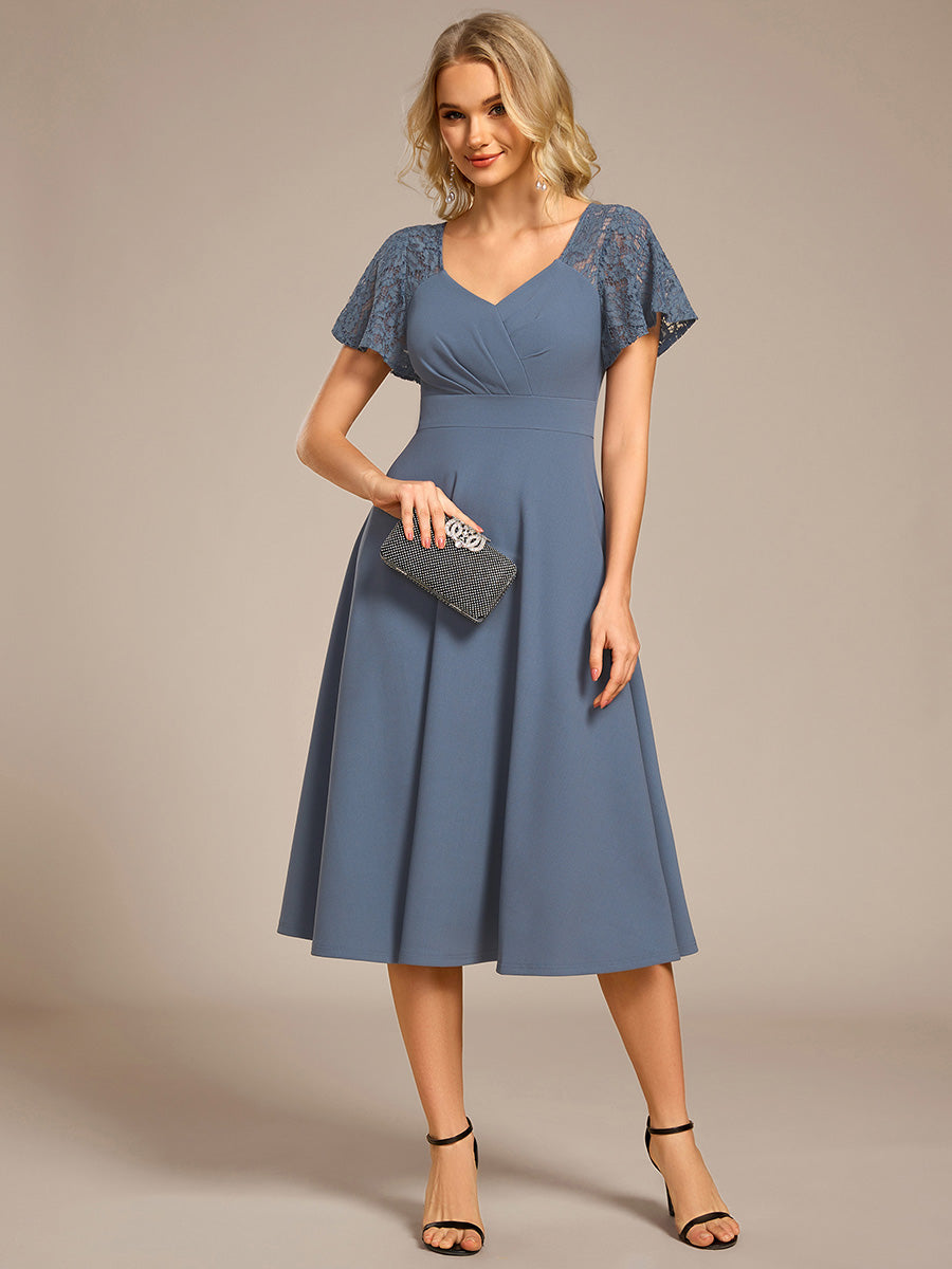 Short Sleeves A-Line Midi Wedding Guest Dress with Pockets #color_Denim Blue