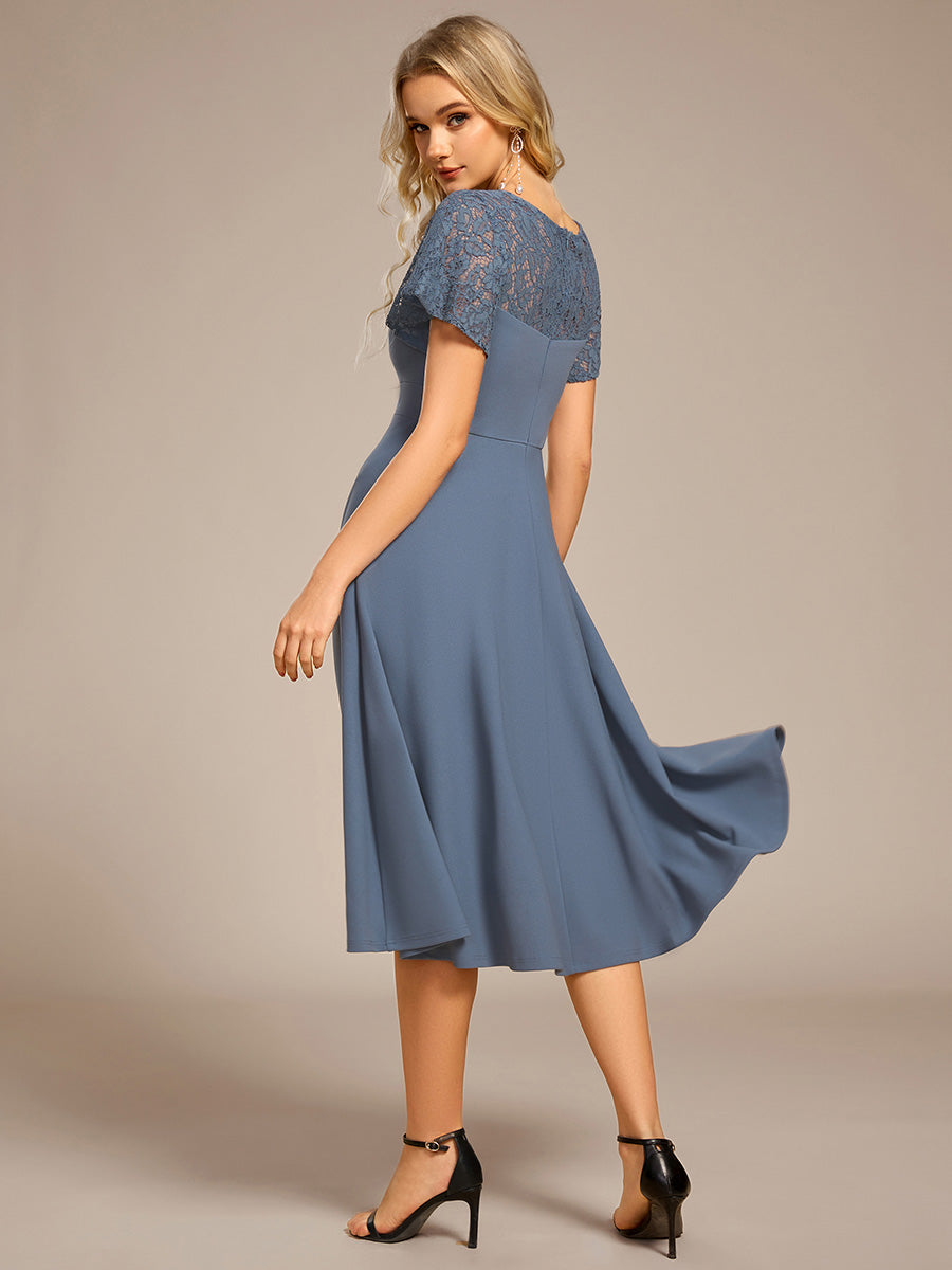 Short Sleeves A-Line Midi Wedding Guest Dress with Pockets #color_Denim Blue