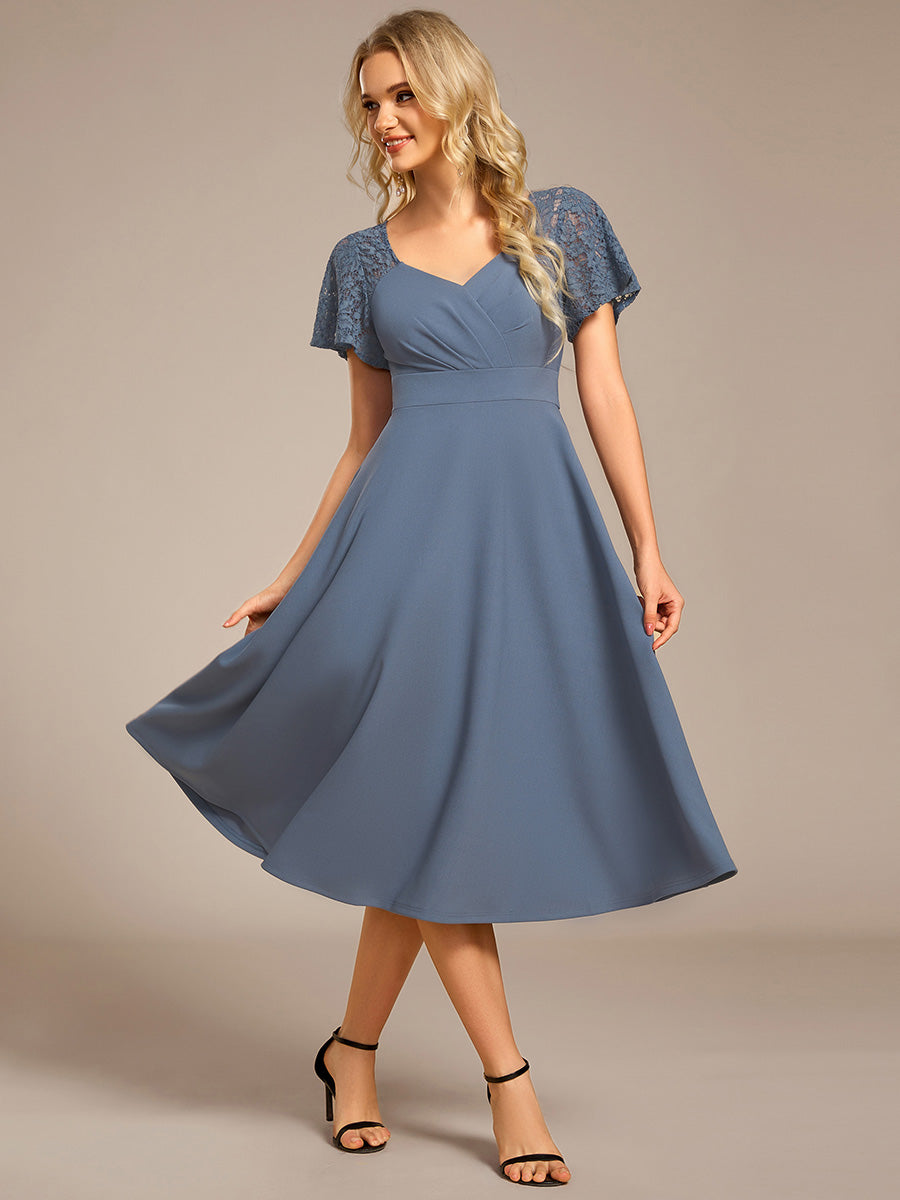 Short Sleeves A-Line Midi Wedding Guest Dress with Pockets #color_Denim Blue