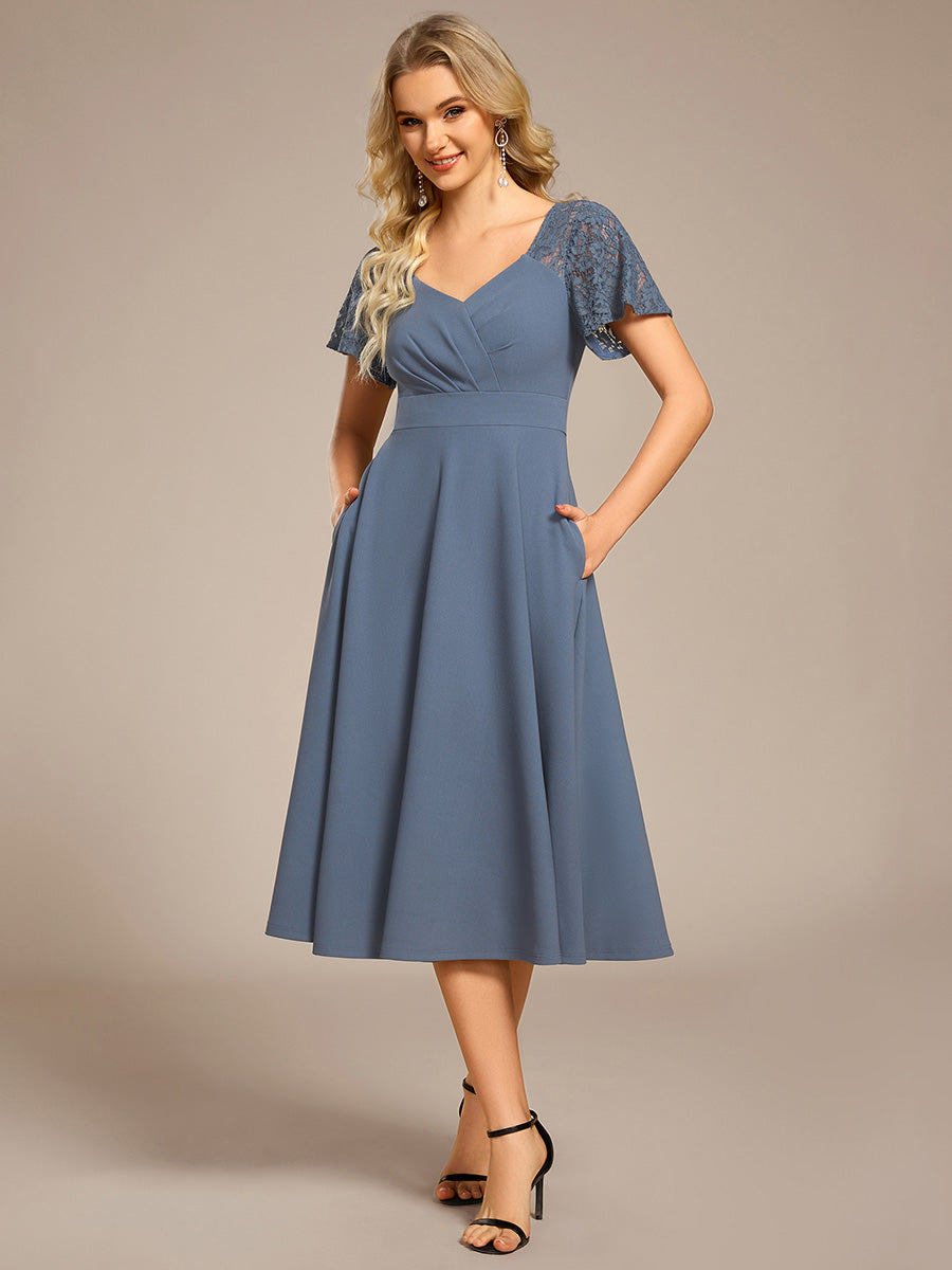 Short Sleeves A-Line Midi Wedding Guest Dress with Pockets #color_Denim Blue