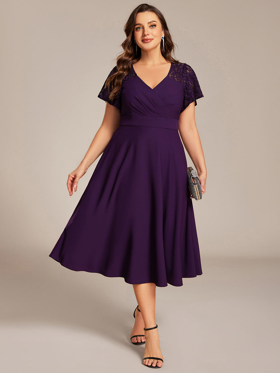 Short Sleeves A-Line Midi Wedding Guest Dress with Pockets #color_Dark Purple