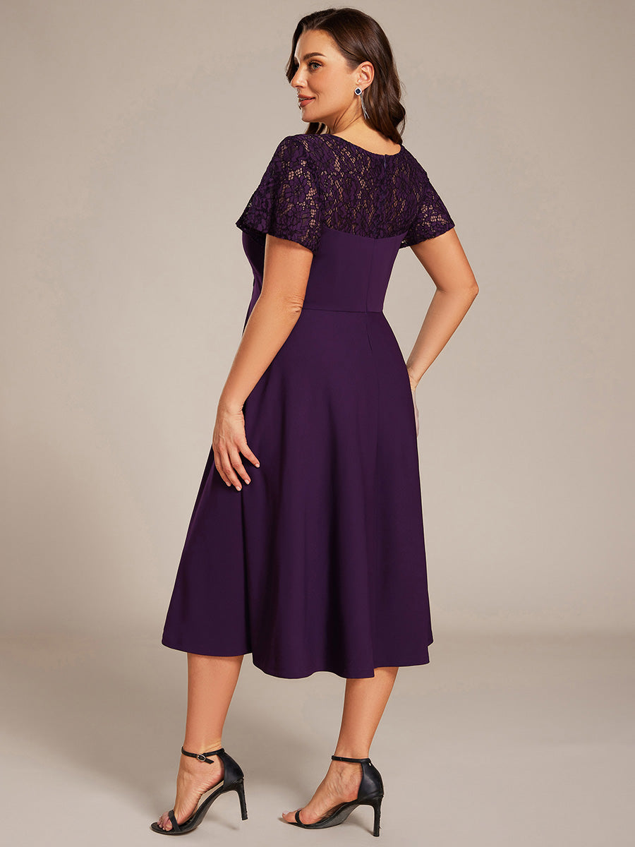 Short Sleeves A-Line Midi Wedding Guest Dress with Pockets #color_Dark Purple