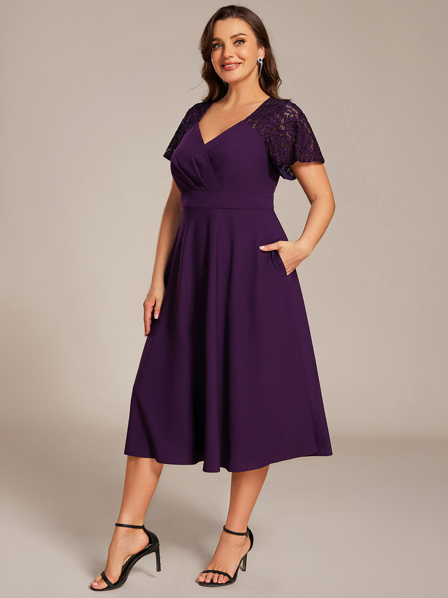 Short Sleeves A-Line Midi Wedding Guest Dress with Pockets #color_Dark Purple