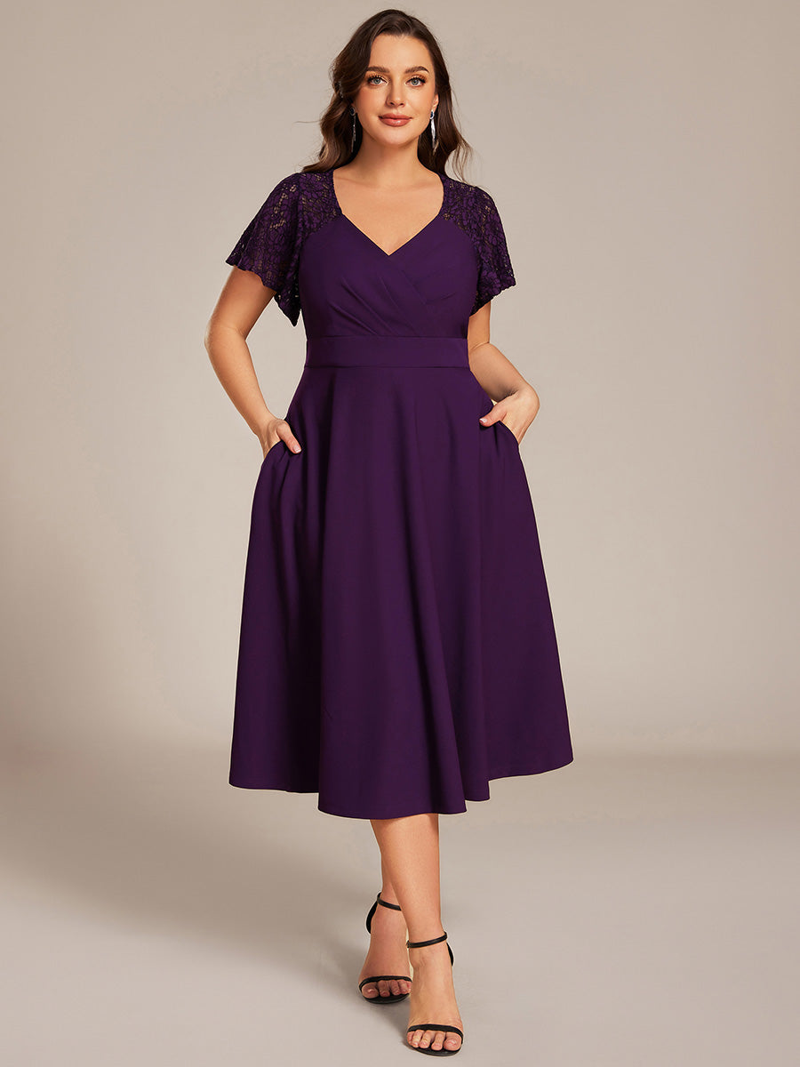 Short Sleeves A-Line Midi Wedding Guest Dress with Pockets #color_Dark Purple