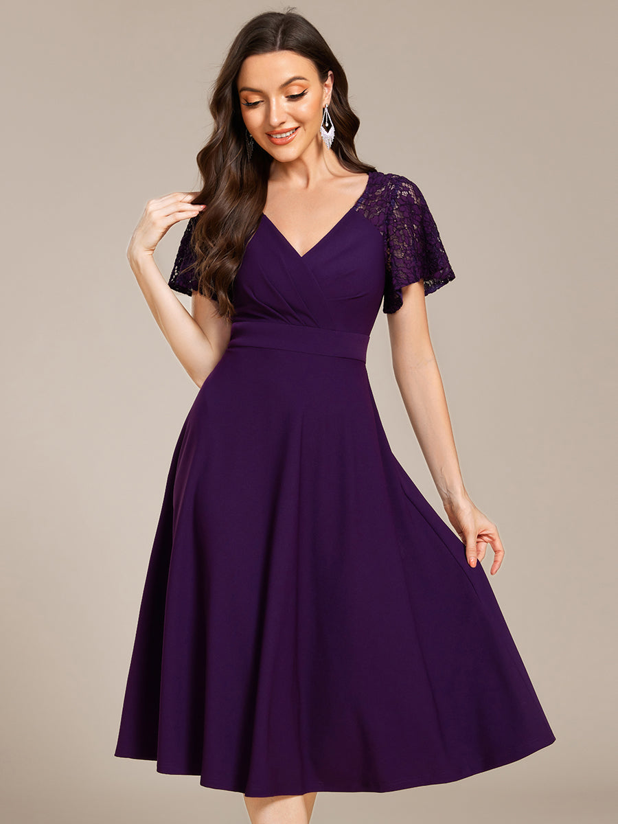 Short Sleeves A-Line Midi Wedding Guest Dress with Pockets #color_Dark Purple