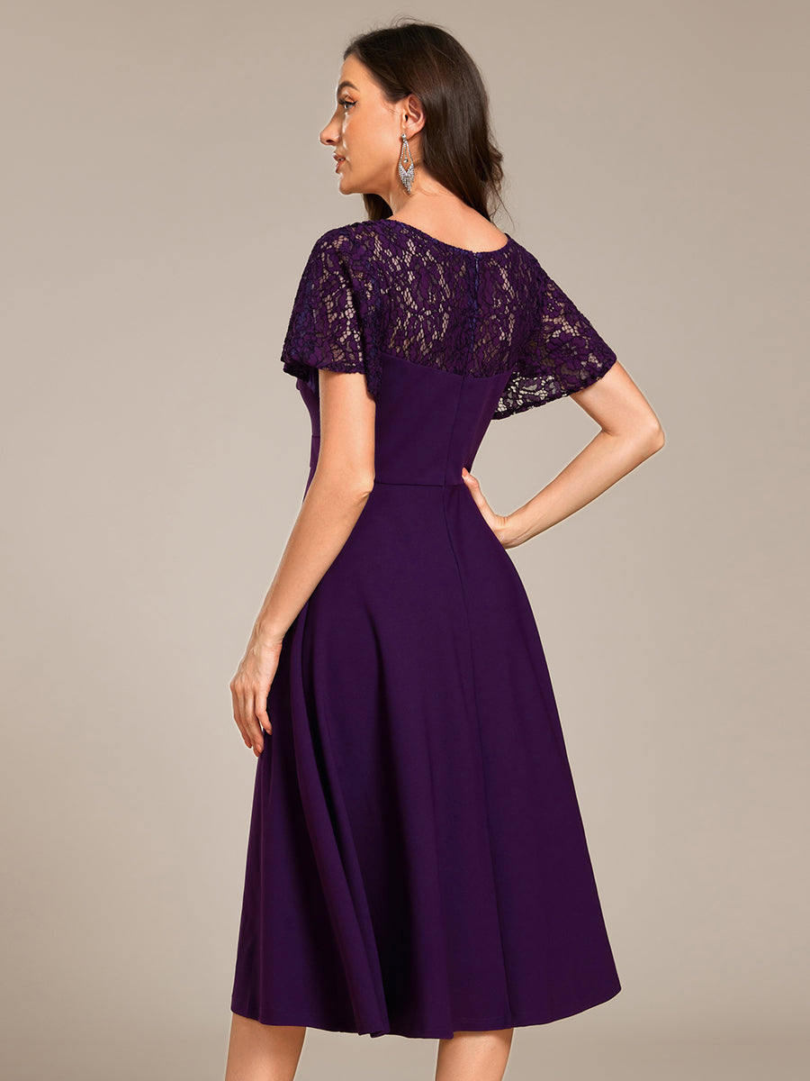 Short Sleeves A-Line Midi Wedding Guest Dress with Pockets #color_Dark Purple