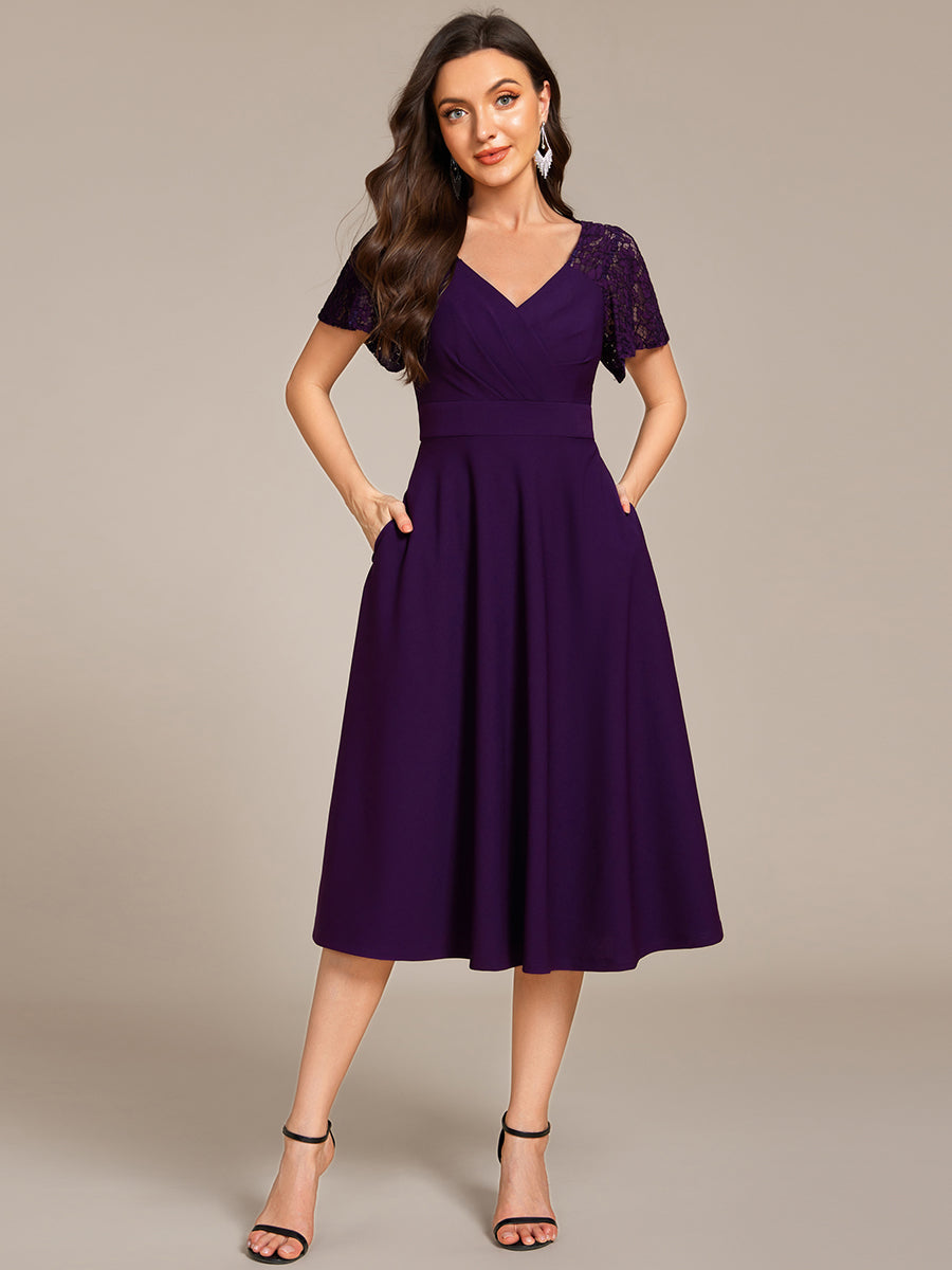 Short Sleeves A-Line Midi Wedding Guest Dress with Pockets #color_Dark Purple