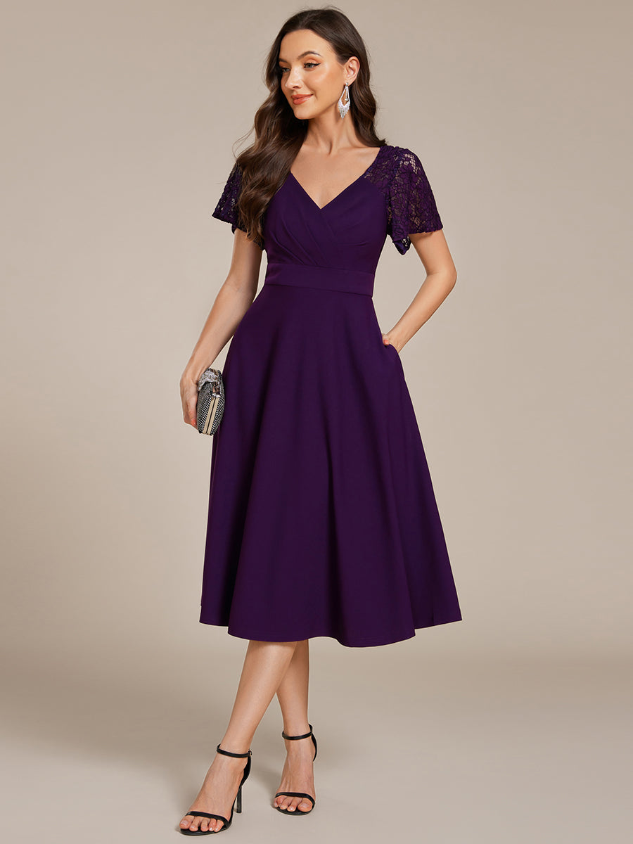 Short Sleeves A-Line Midi Wedding Guest Dress with Pockets #color_Dark Purple