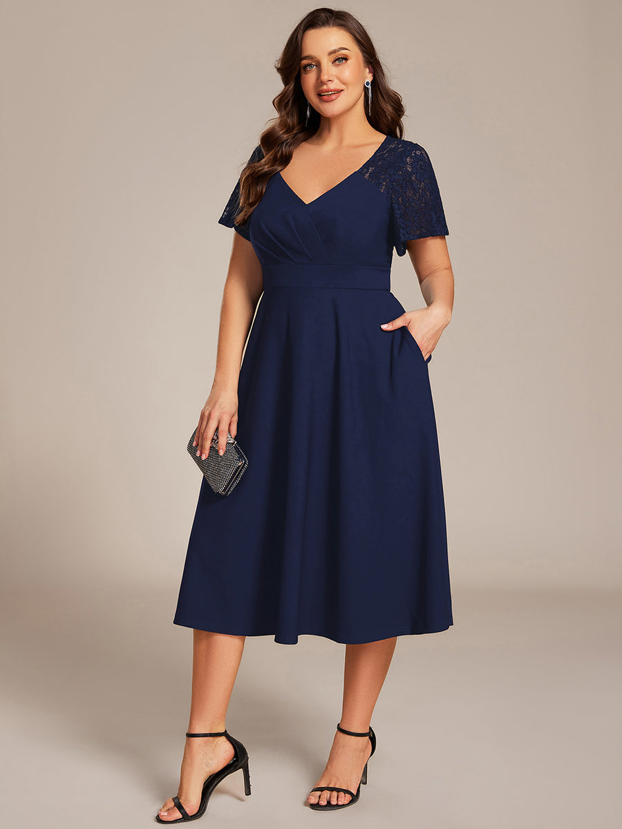 Short Sleeves A-Line Midi Wedding Guest Dress with Pockets #color_Navy Blue