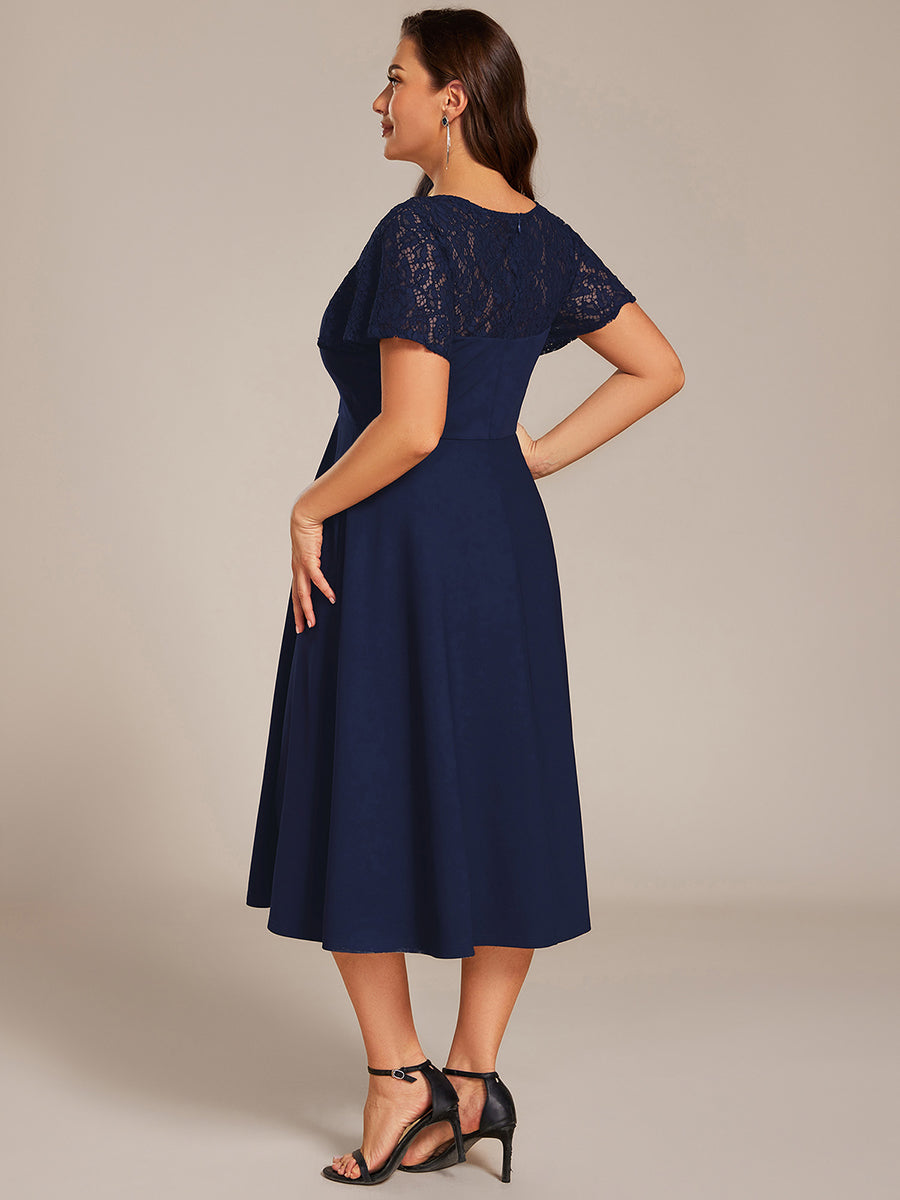 Short Sleeves A-Line Midi Wedding Guest Dress with Pockets #color_Navy Blue