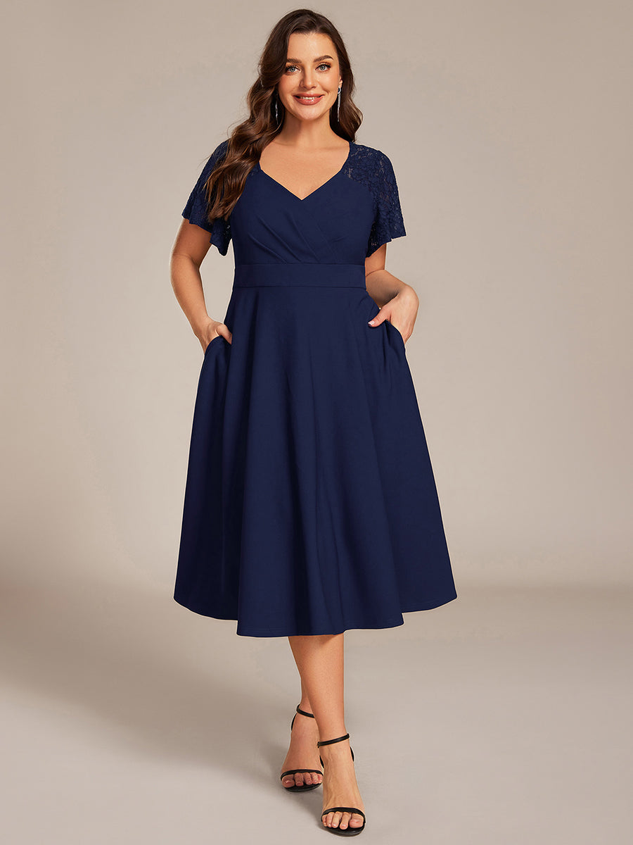 Short Sleeves A-Line Midi Wedding Guest Dress with Pockets #color_Navy Blue