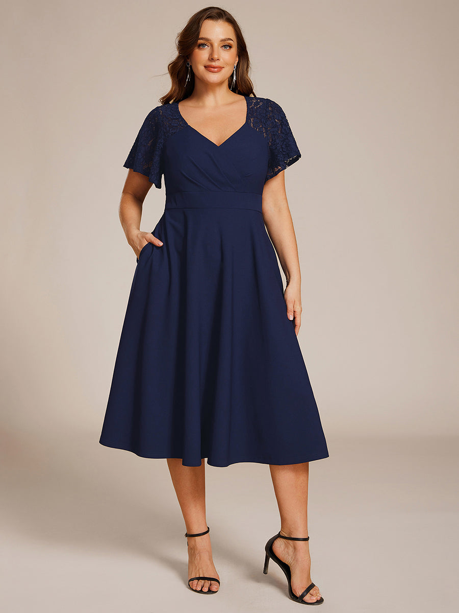 Short Sleeves A-Line Midi Wedding Guest Dress with Pockets #color_Navy Blue