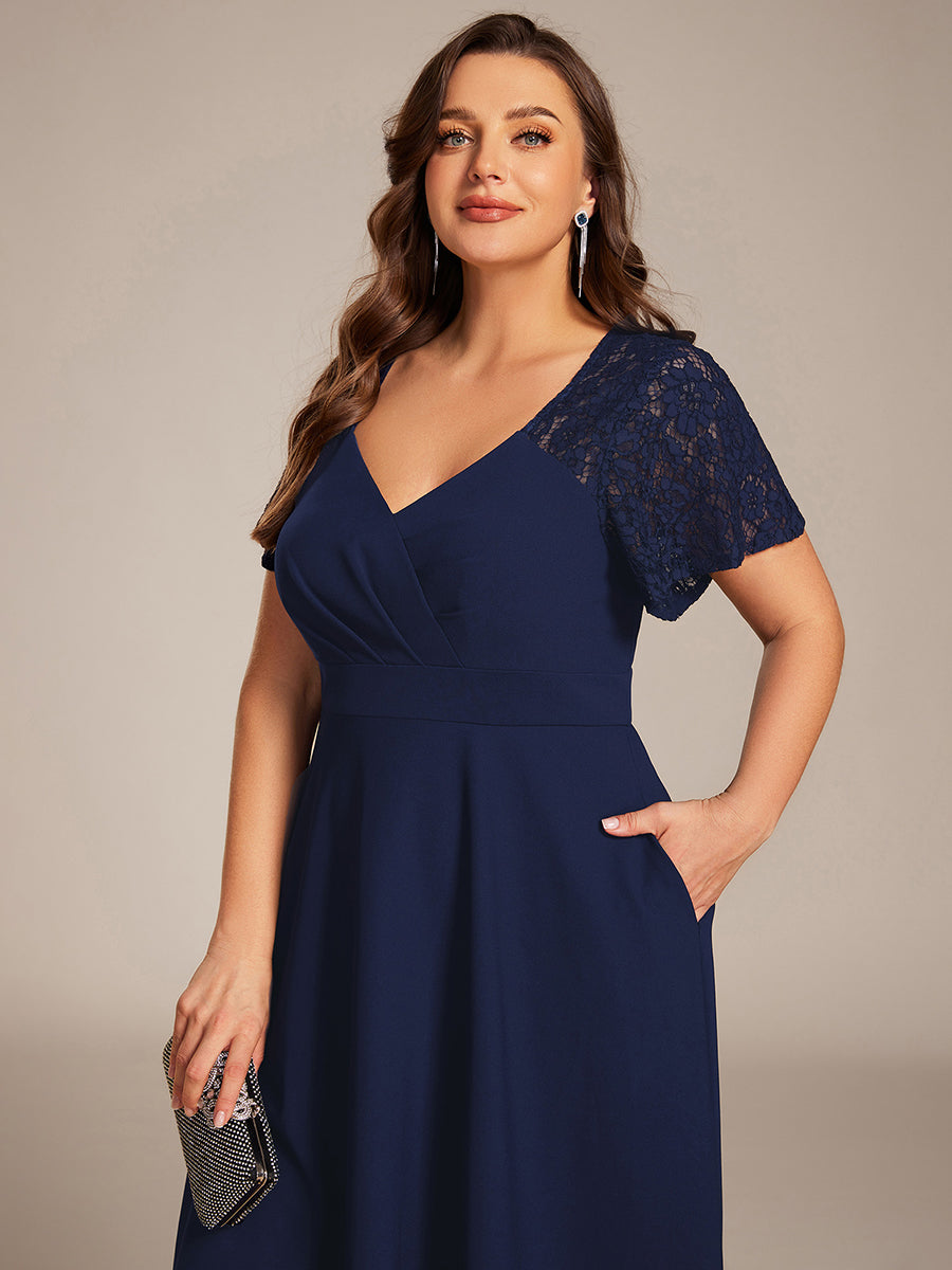 Short Sleeves A-Line Midi Wedding Guest Dress with Pockets #color_Navy Blue