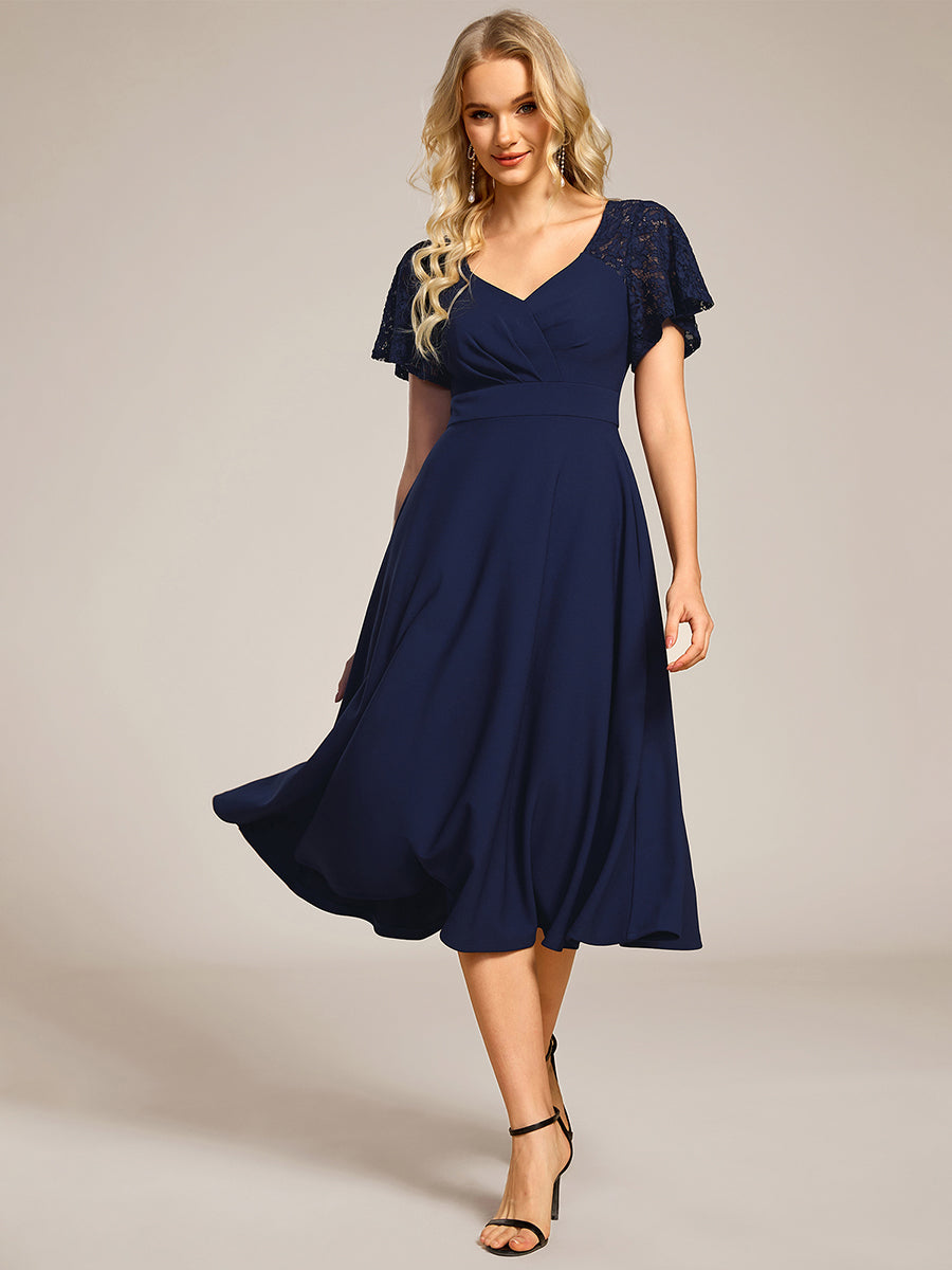 Short Sleeves A-Line Midi Wedding Guest Dress with Pockets #color_Navy Blue