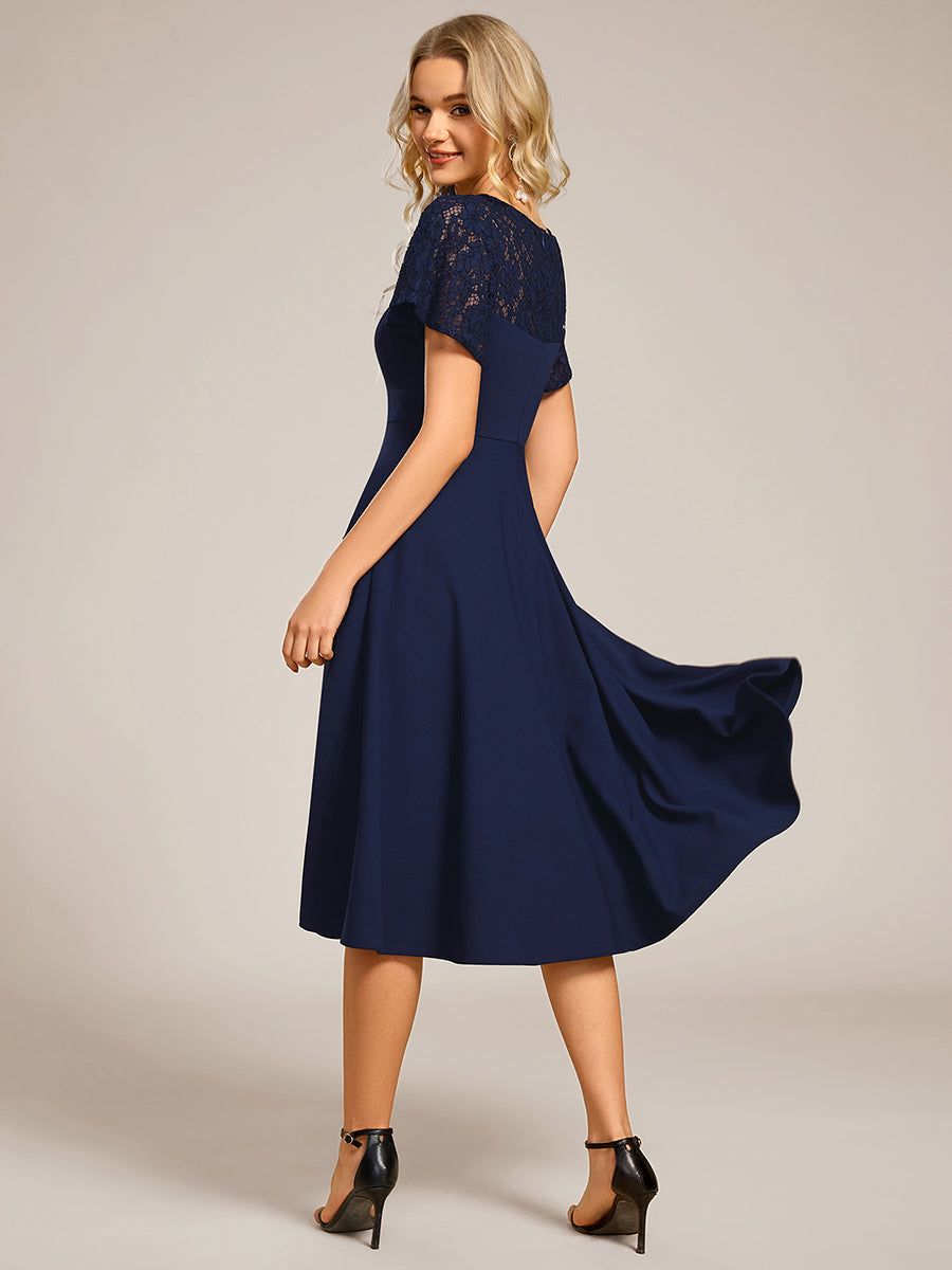 Short Sleeves A-Line Midi Wedding Guest Dress with Pockets #color_Navy Blue