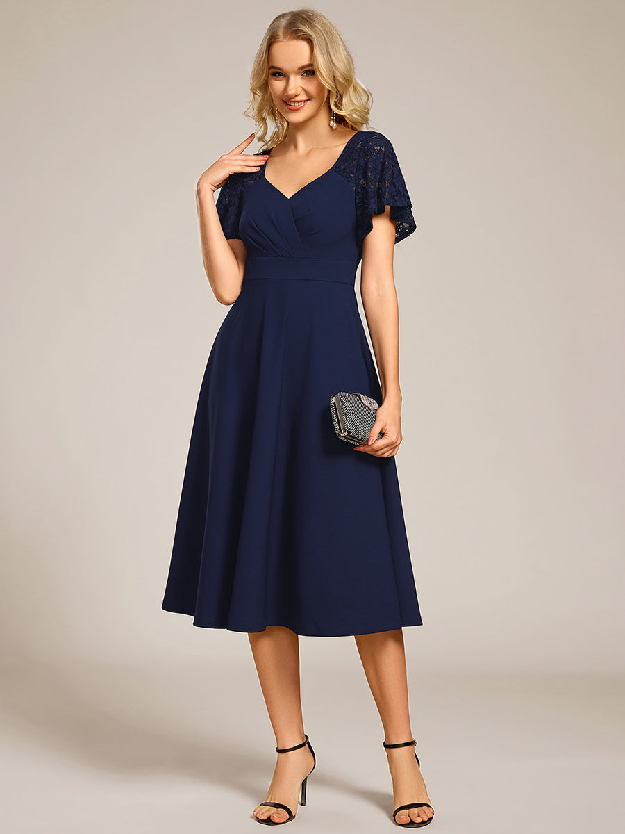 Short Sleeves A-Line Midi Wedding Guest Dress with Pockets #color_Navy Blue