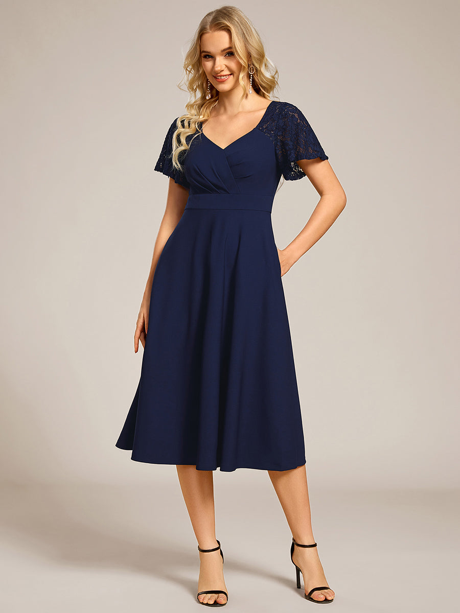 Short Sleeves A-Line Midi Wedding Guest Dress with Pockets #color_Navy Blue