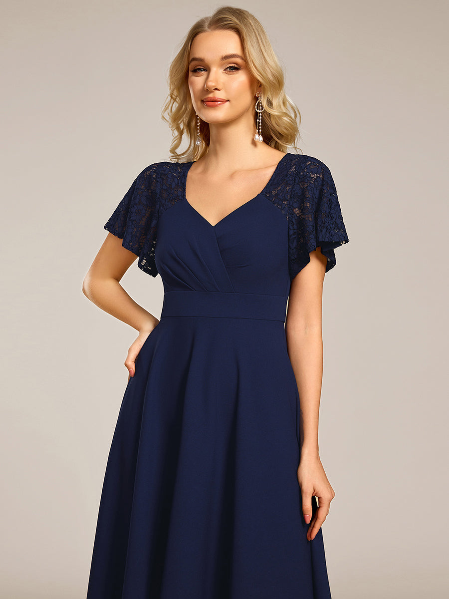 Short Sleeves A-Line Midi Wedding Guest Dress with Pockets #color_Navy Blue