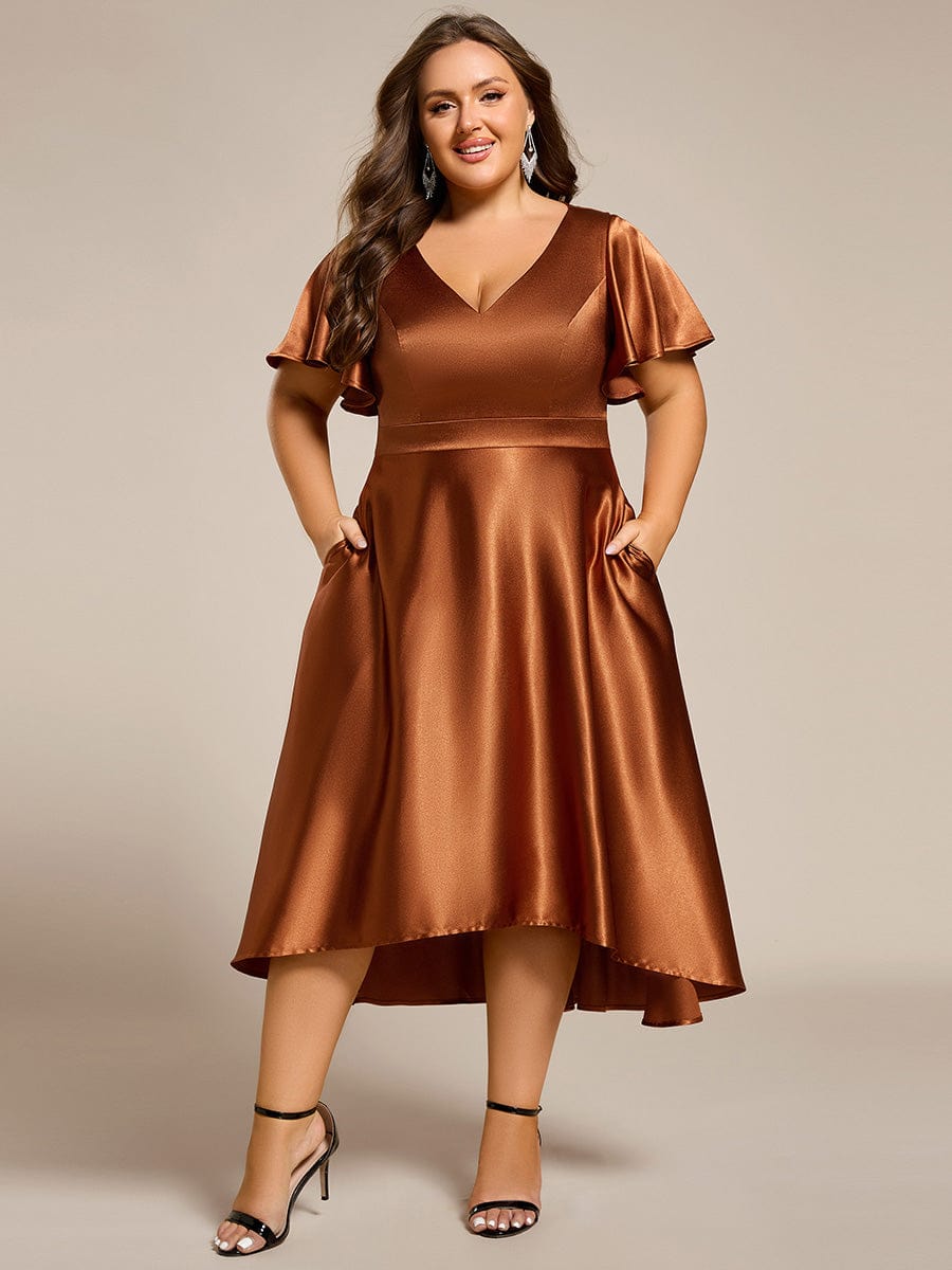 V-neck High-Low Satin Wedding Guest Dress with Pockets #color_Copper