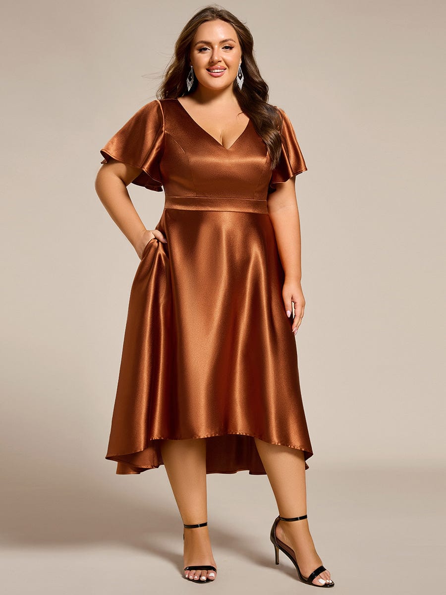 V-neck High-Low Satin Wedding Guest Dress with Pockets #color_Copper