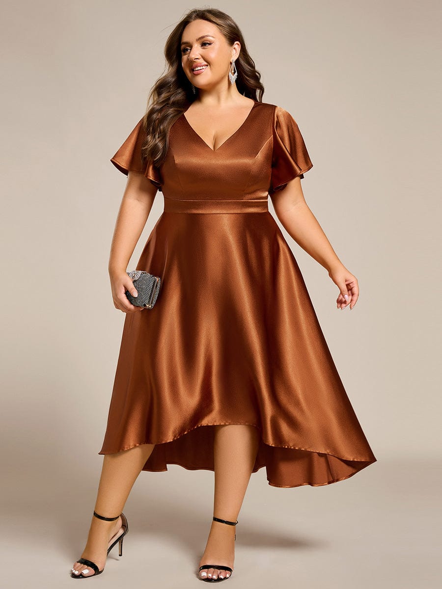 V-neck High-Low Satin Wedding Guest Dress with Pockets #color_Copper