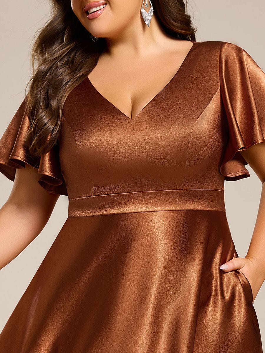 V-neck High-Low Satin Wedding Guest Dress with Pockets #color_Copper