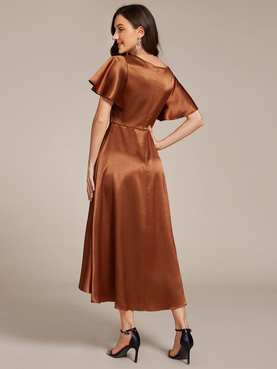 V-neck High-Low Satin Wedding Guest Dress with Pockets #color_Copper