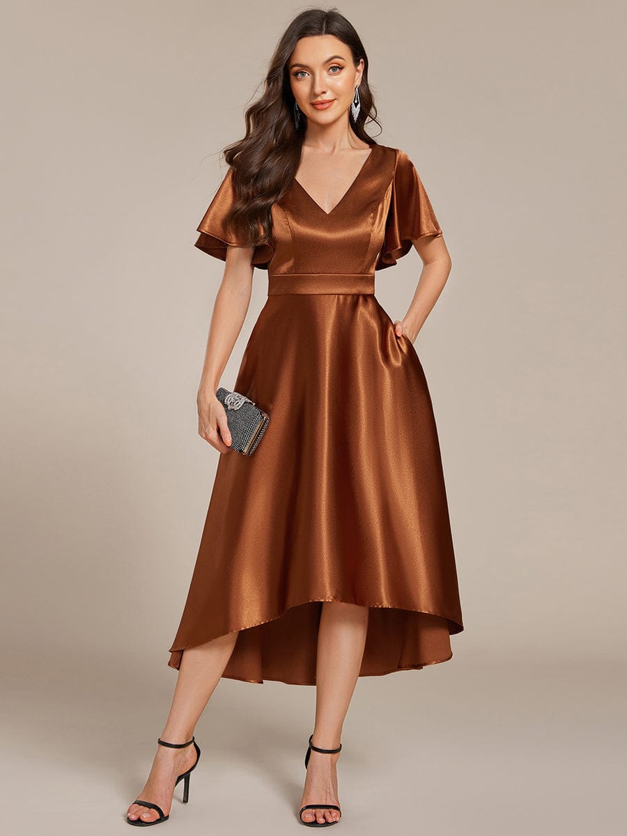 V-neck High-Low Satin Wedding Guest Dress with Pockets #color_Copper