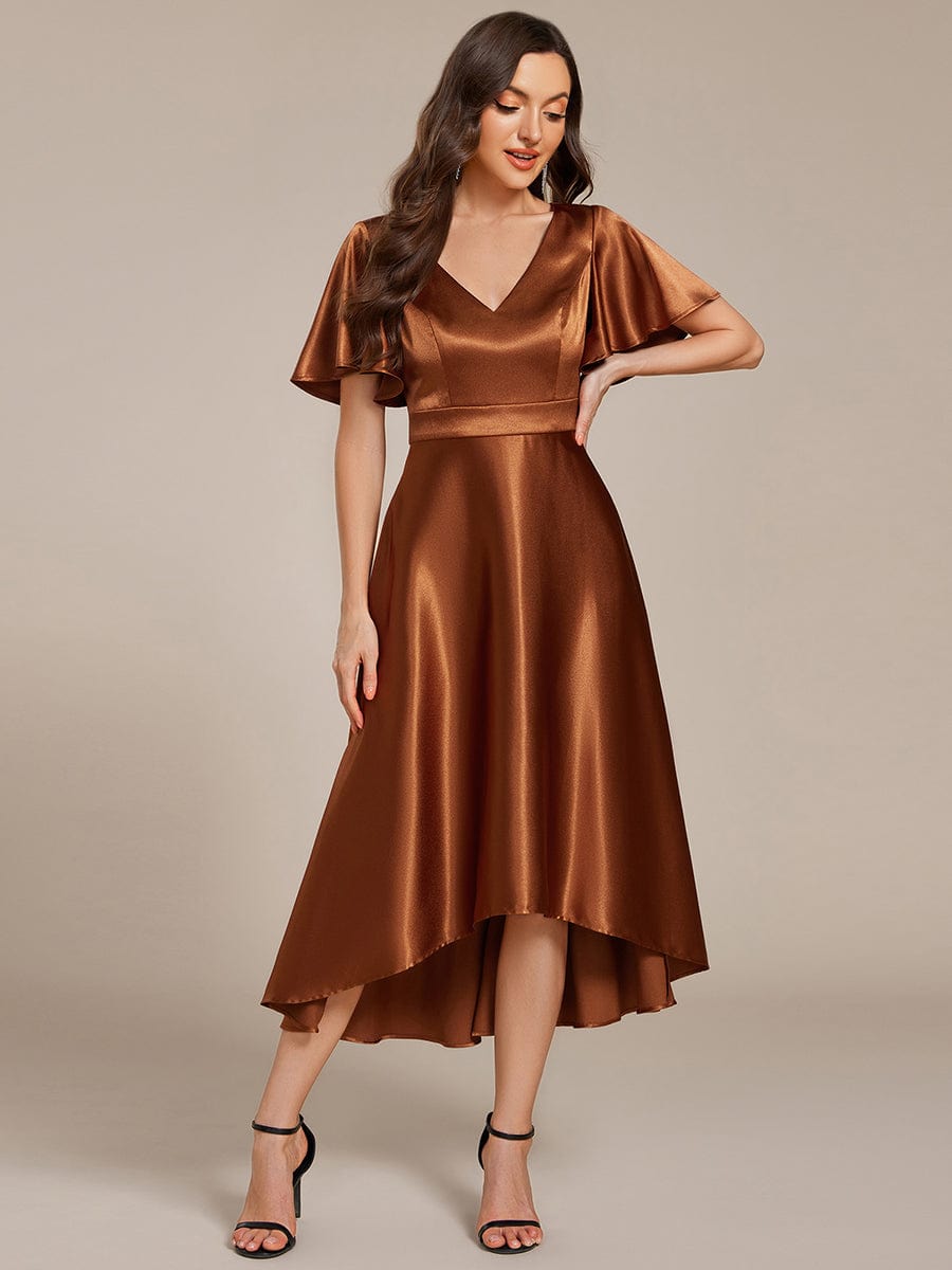 V-neck High-Low Satin Wedding Guest Dress with Pockets #color_Copper