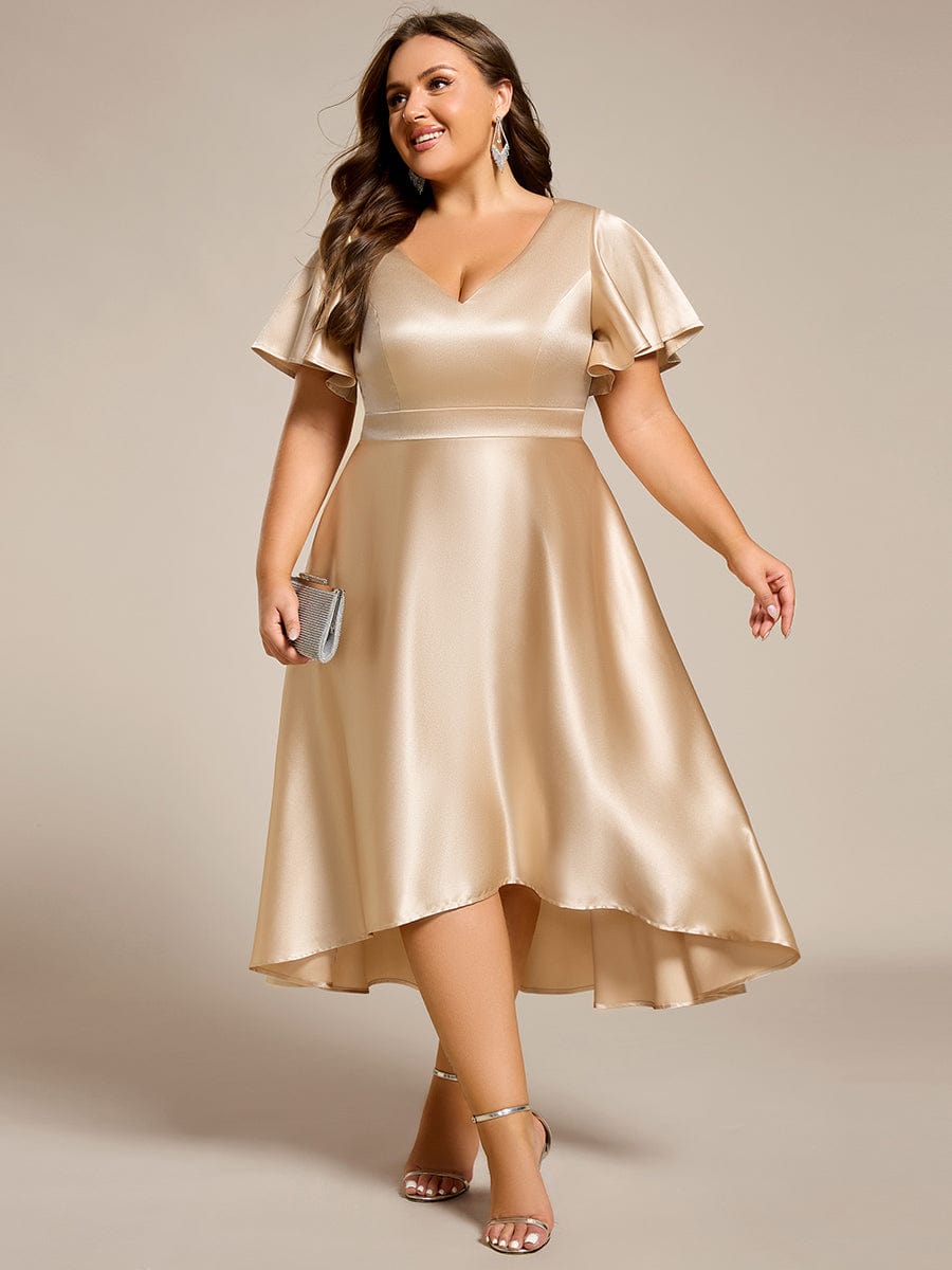 V-neck High-Low Satin Wedding Guest Dress with Pockets #color_Champagne