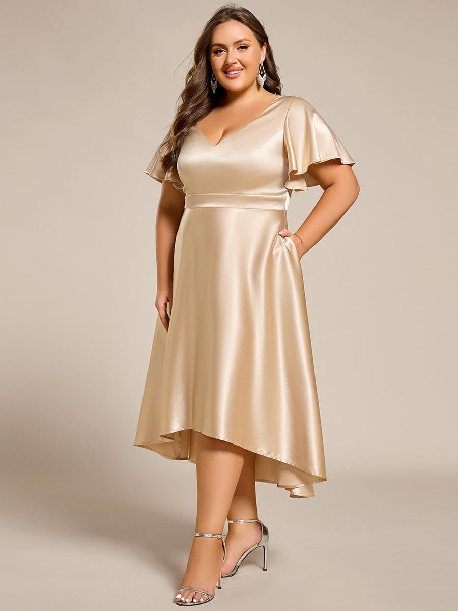 V-neck High-Low Satin Wedding Guest Dress with Pockets #color_Champagne