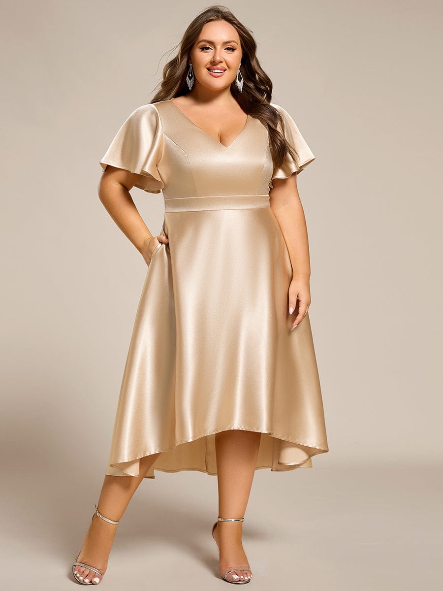 V-neck High-Low Satin Wedding Guest Dress with Pockets #color_Champagne