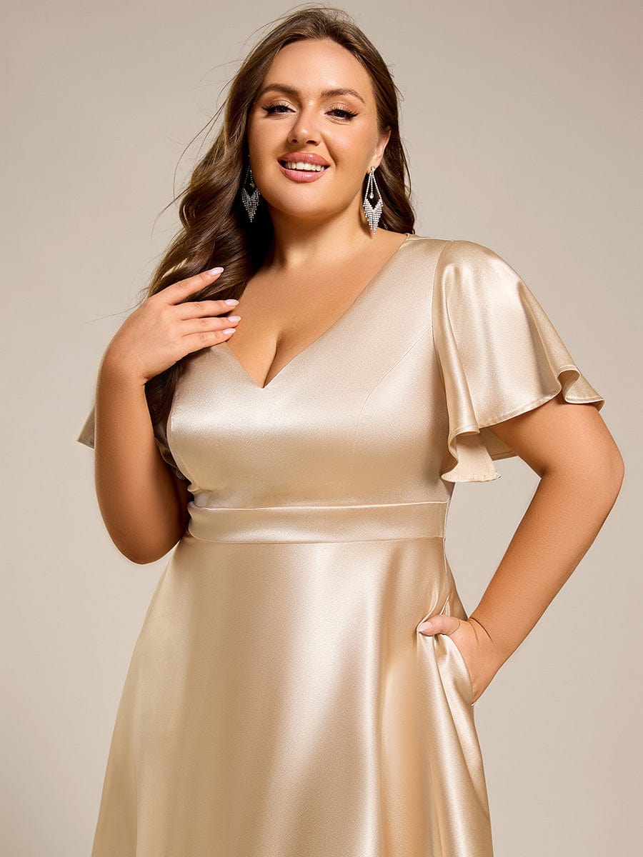 V-neck High-Low Satin Wedding Guest Dress with Pockets #color_Champagne