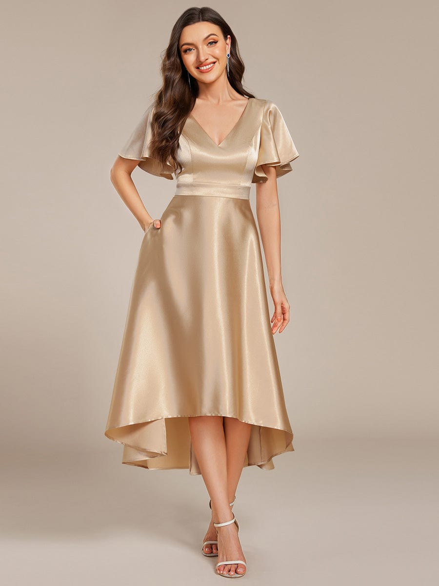 V-neck High-Low Satin Wedding Guest Dress with Pockets #color_Champagne