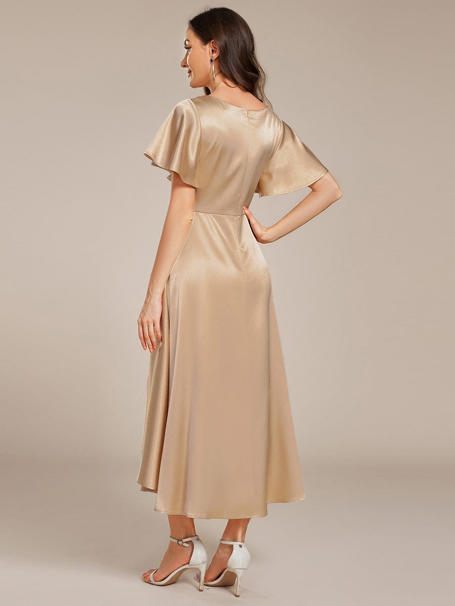 V-neck High-Low Satin Wedding Guest Dress with Pockets #color_Champagne