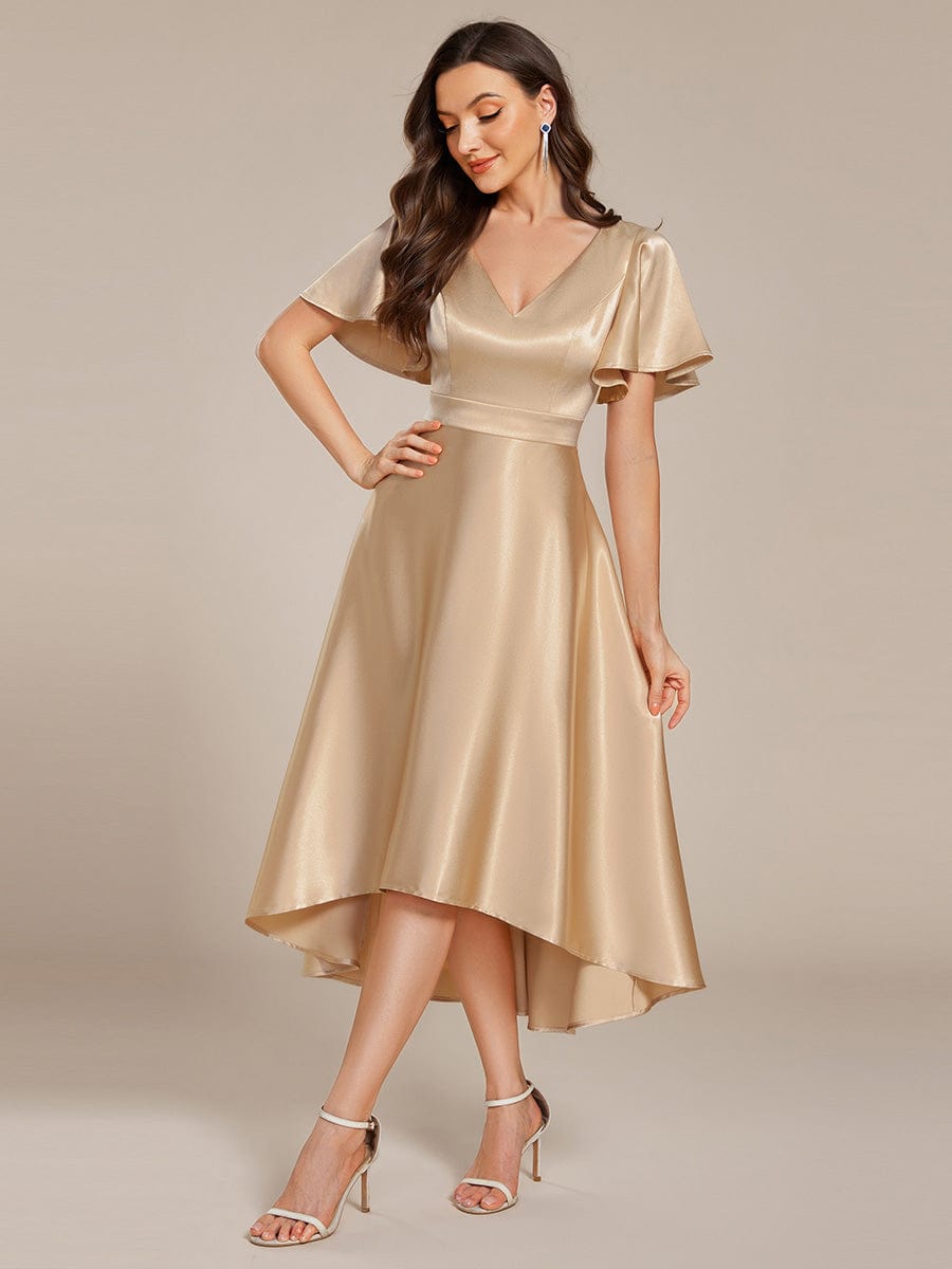 V-neck High-Low Satin Wedding Guest Dress with Pockets #color_Champagne