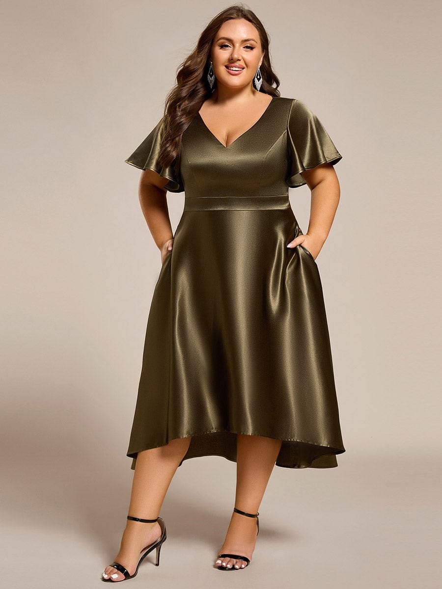 V-neck High-Low Satin Wedding Guest Dress with Pockets #color_Olive Green