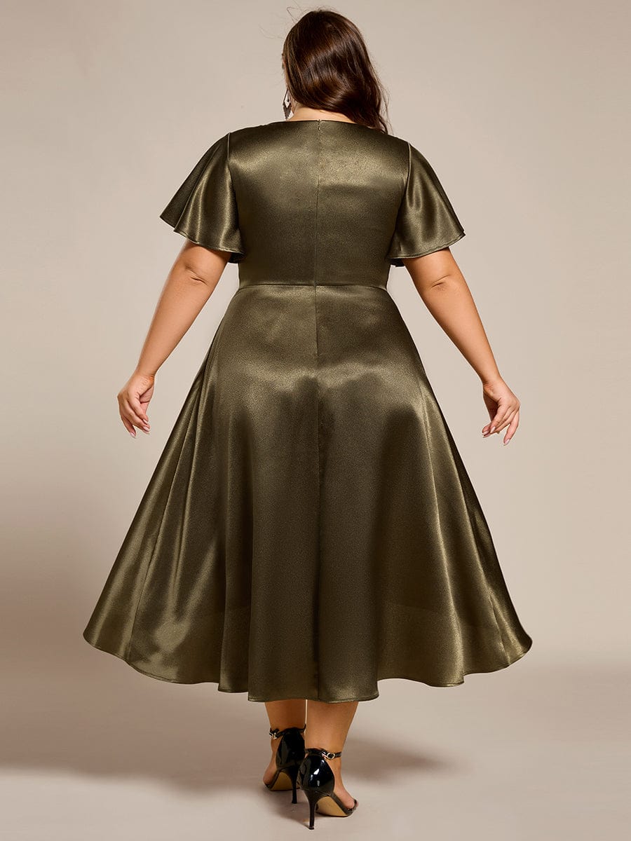 Plus Size Satin Midi Wedding Guest Dress with Pockets #color_Olive Green