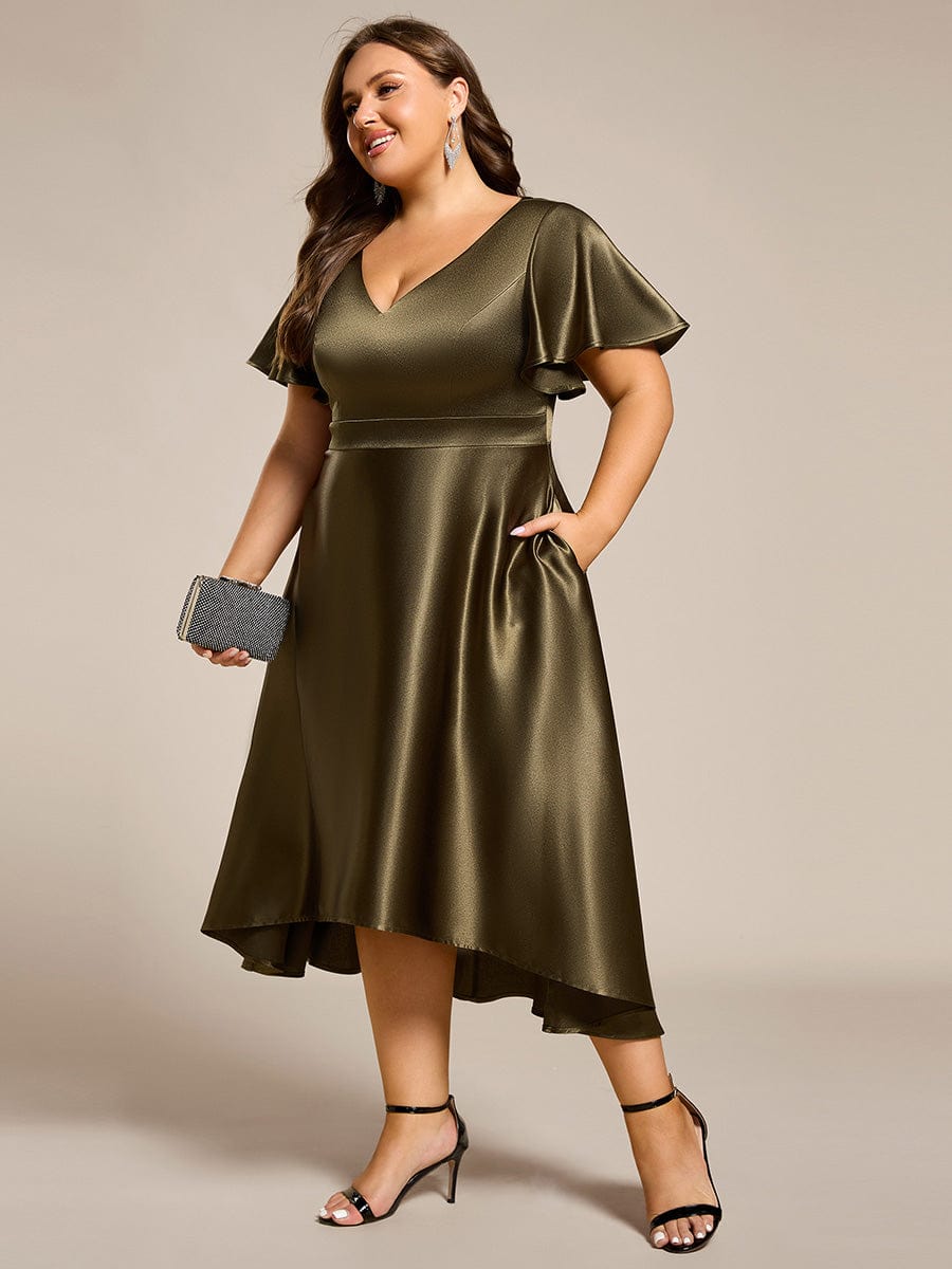 V-neck High-Low Satin Wedding Guest Dress with Pockets #color_Olive Green