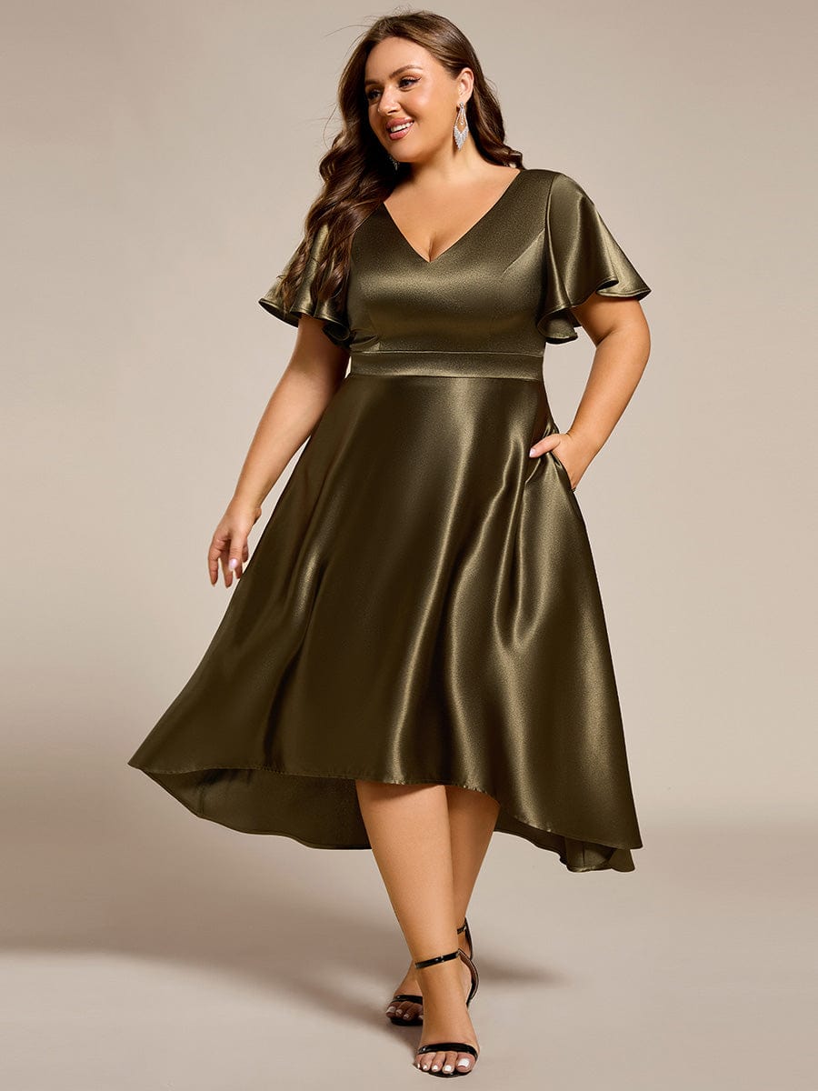 V-neck High-Low Satin Wedding Guest Dress with Pockets #color_Olive Green