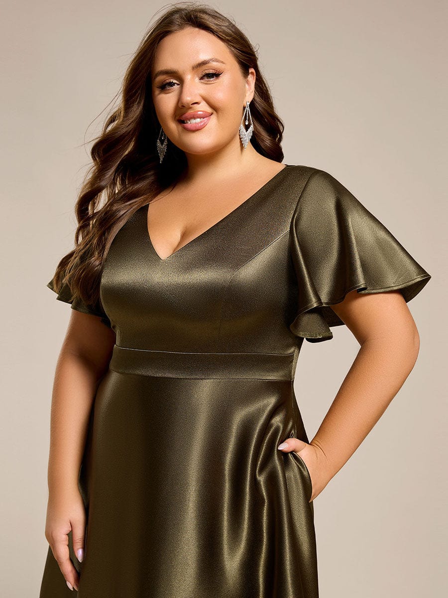 V-neck High-Low Satin Wedding Guest Dress with Pockets #color_Olive Green