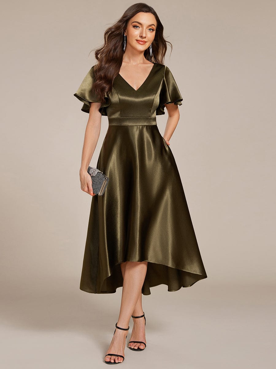 V-neck High-Low Satin Wedding Guest Dress with Pockets #color_Olive Green