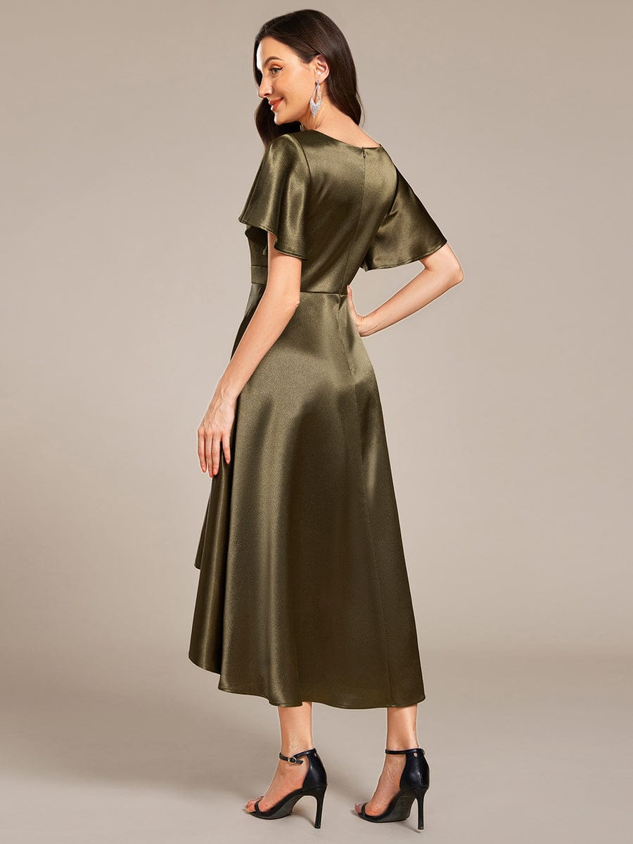 V-neck High-Low Satin Wedding Guest Dress with Pockets #color_Olive Green