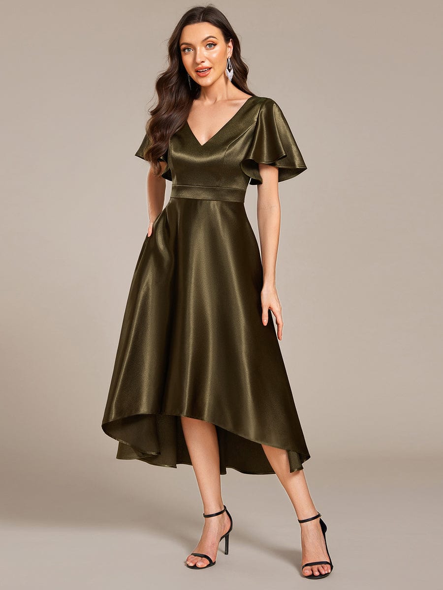 V-neck High-Low Satin Wedding Guest Dress with Pockets #color_Olive Green