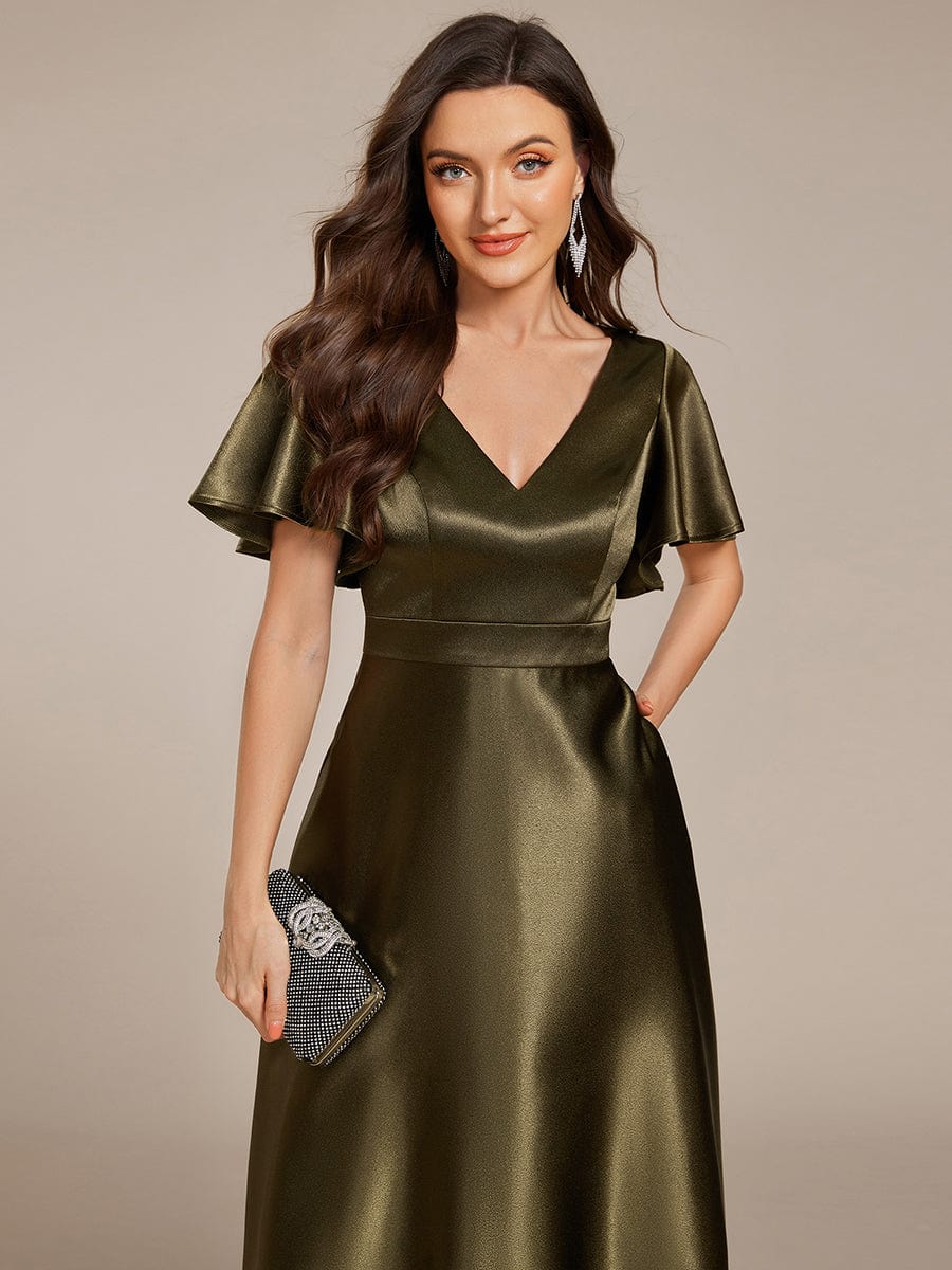 V-neck High-Low Satin Wedding Guest Dress with Pockets #color_Olive Green