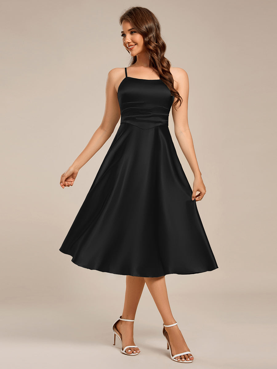 Spaghetti Strap Pleated A-Line Midi Satin Wedding Guest Dress #color_Black