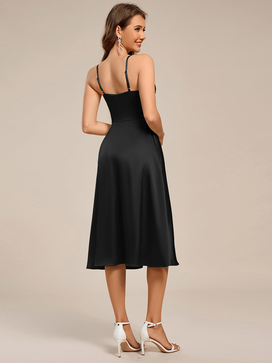 Spaghetti Strap Pleated A-Line Midi Satin Wedding Guest Dress #color_Black