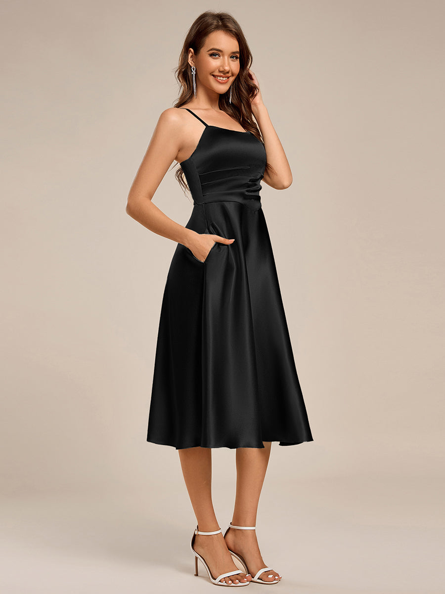 Spaghetti Strap Pleated A-Line Midi Satin Wedding Guest Dress #color_Black