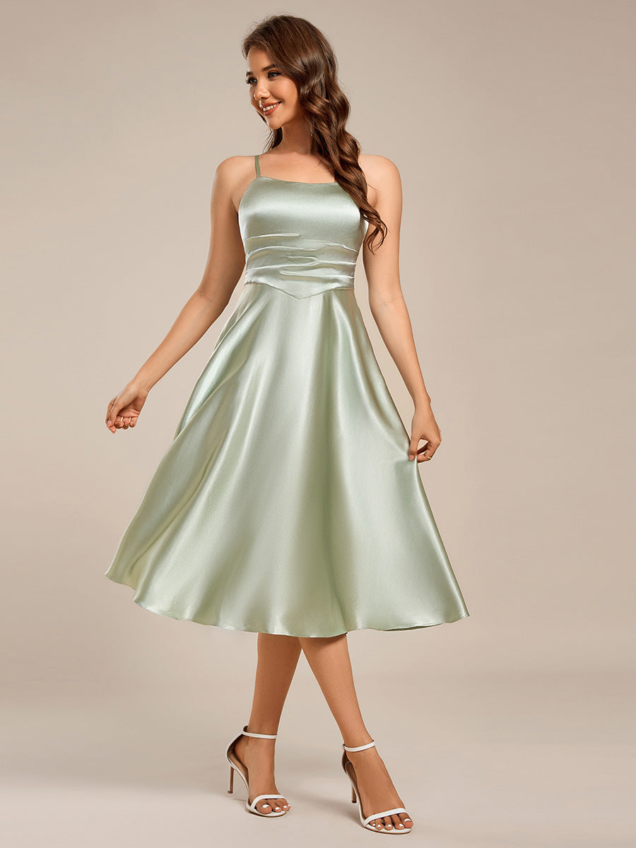 Spaghetti Strap Pleated A-Line Midi Satin Wedding Guest Dress #color_Mint Green